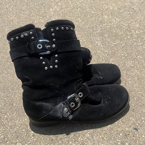 STUART WEITZMAN Black Suede Polished Silver Studs 1.25" Heel Mid Calf Boots